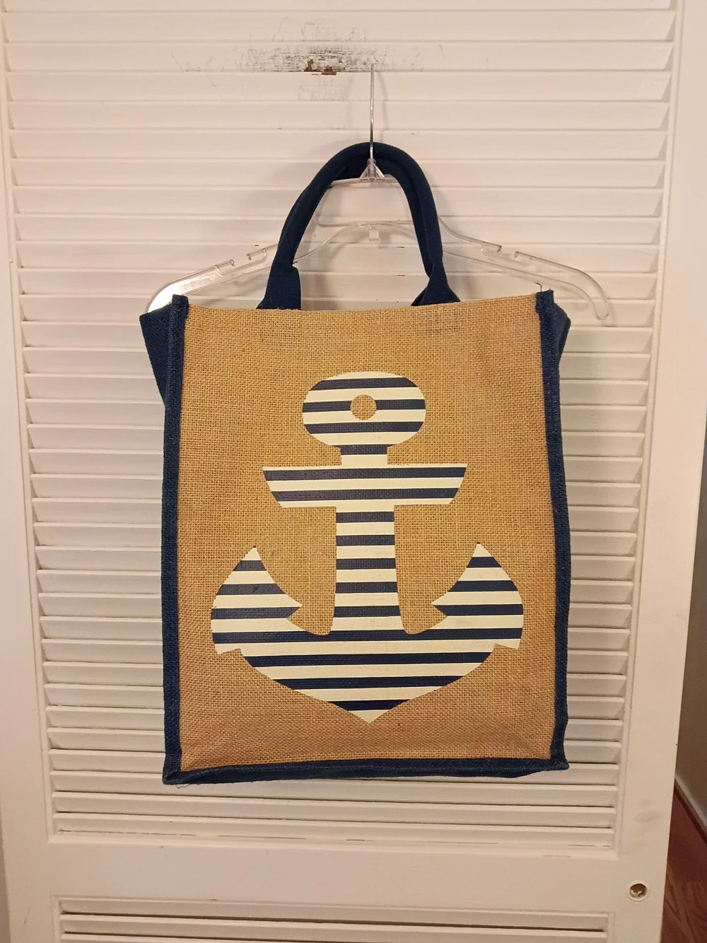Striped Anchor Jute Tote Bag in Natural and Navy